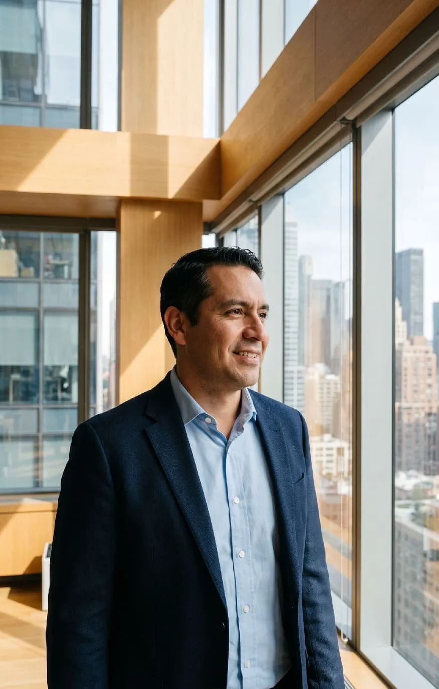Un empresario mira por la ventana de su oficina
