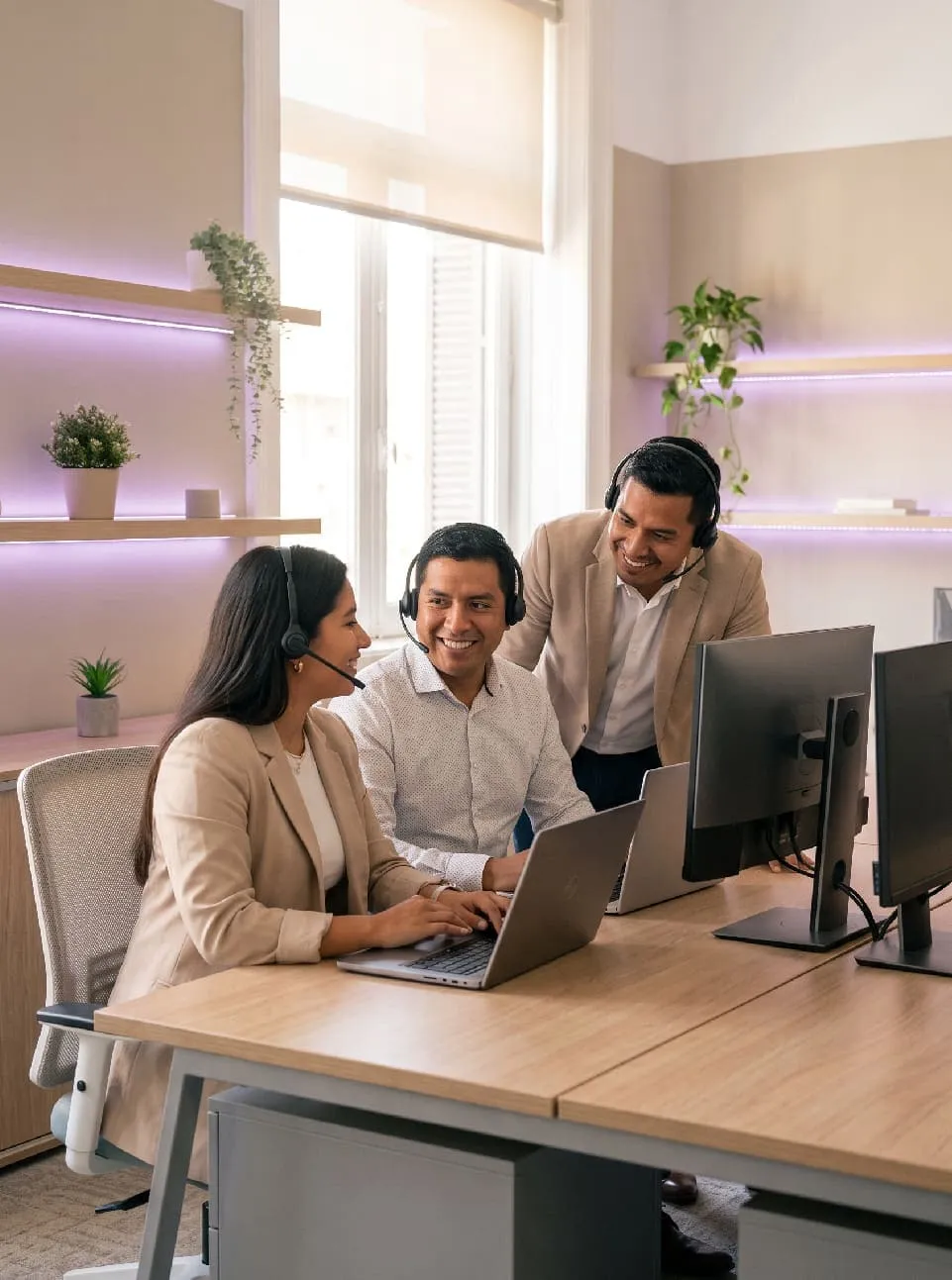 El equipo de atención conversa frente a una computadora