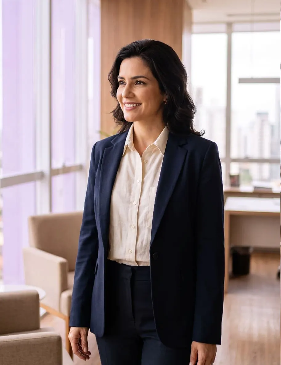 Dueña de una empresa en su oficina, sonriendo