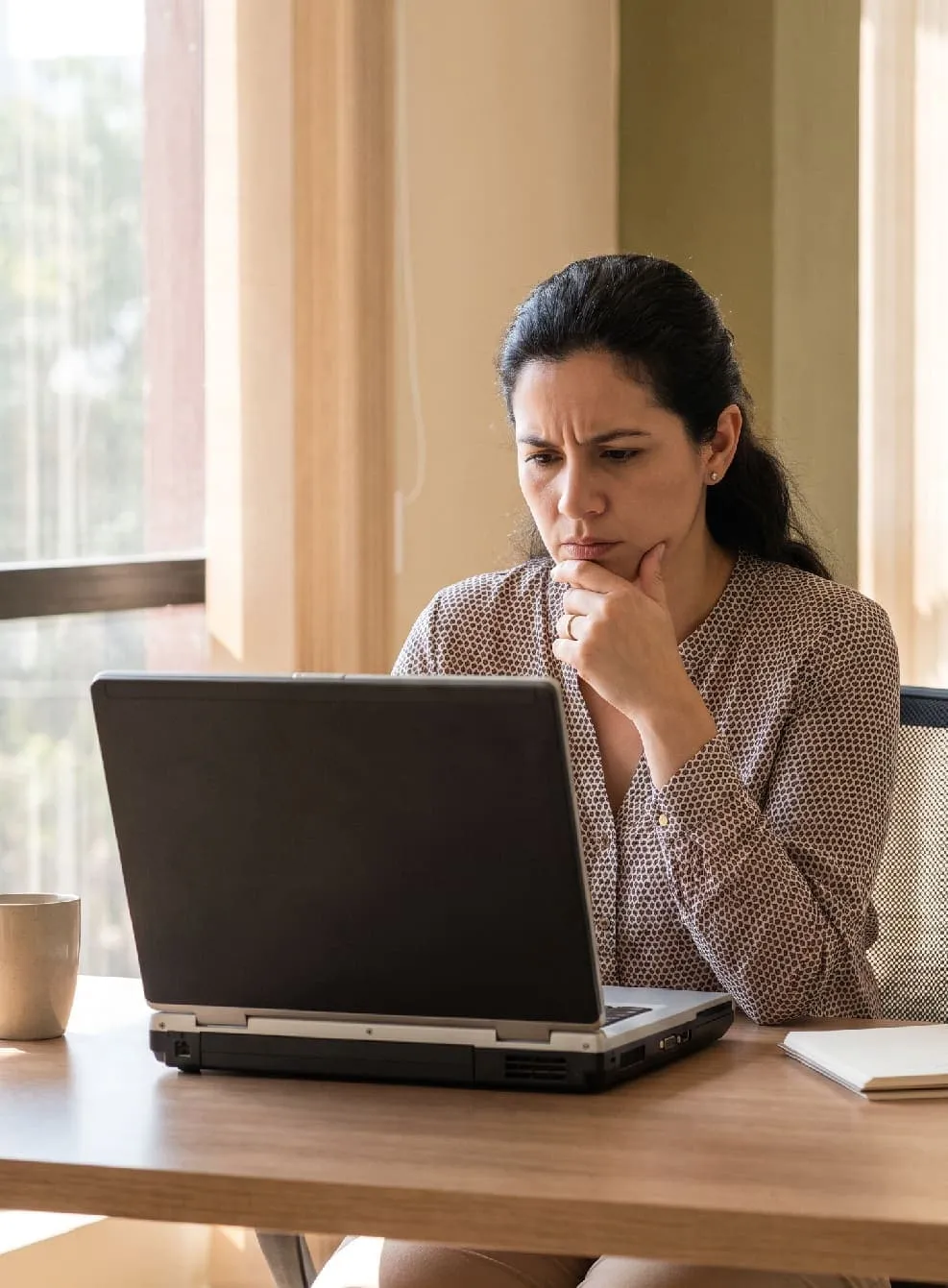 Una mujer revisa una web en su computadora con gesto de duda