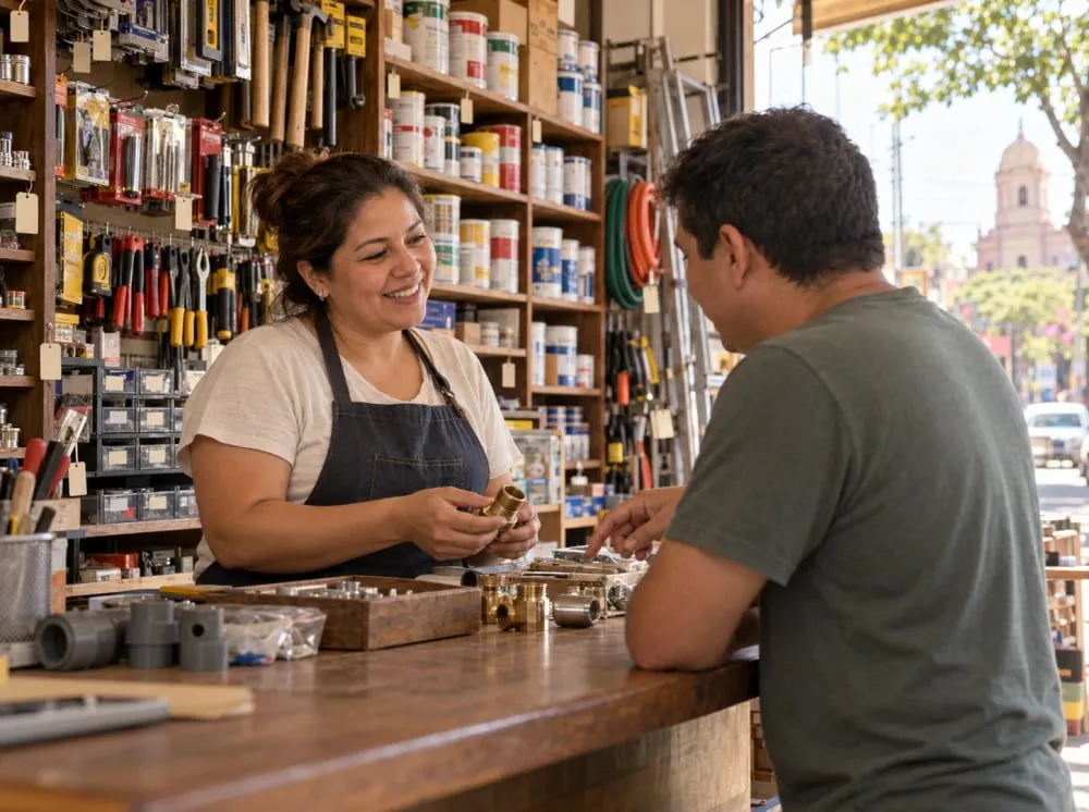 La dueña de una ferretería atiende sonriente a un cliente en el mostrador