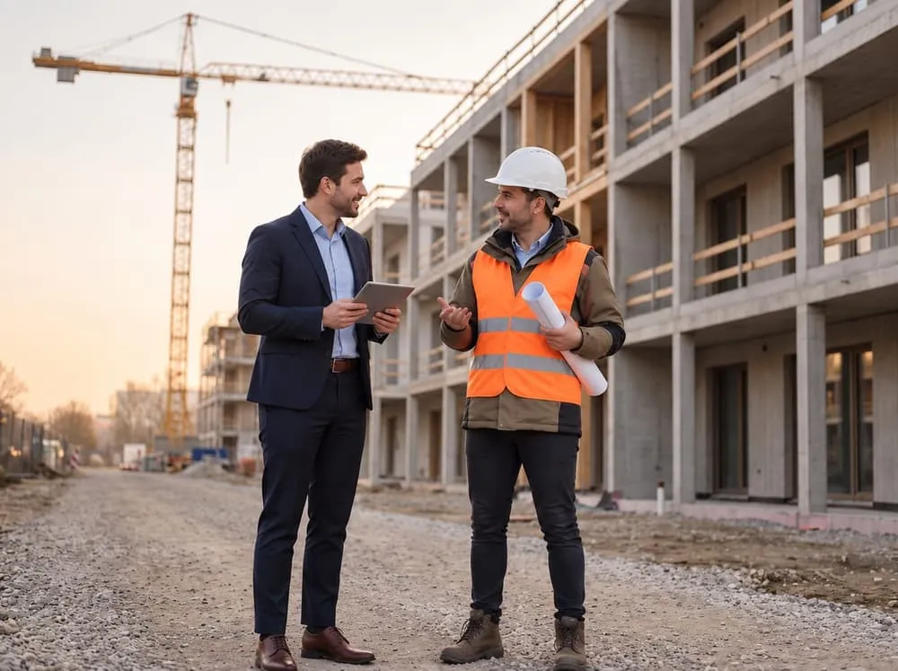 Un desarrollador inmobiliario muestra un proyecto a un cliente frente a la obra