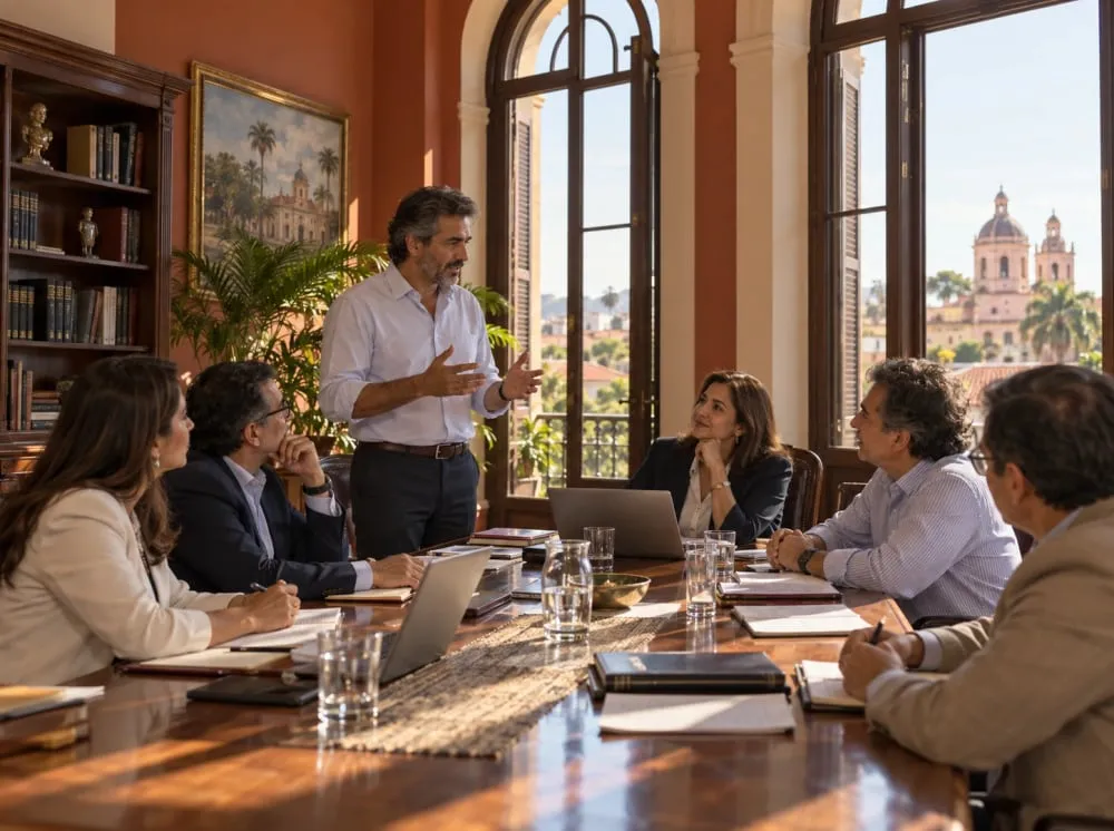 Miembros de una asociación profesional reunidos alrededor de una mesa en una sala de estilo colonial