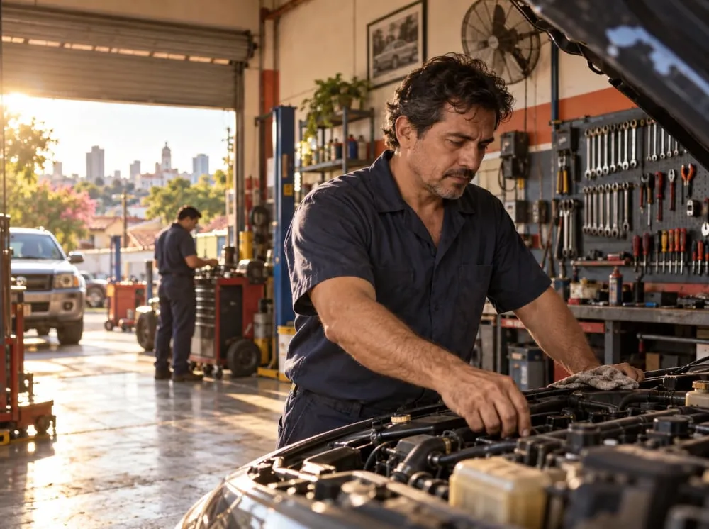 Un mecánico revisa el motor de un auto en su taller
