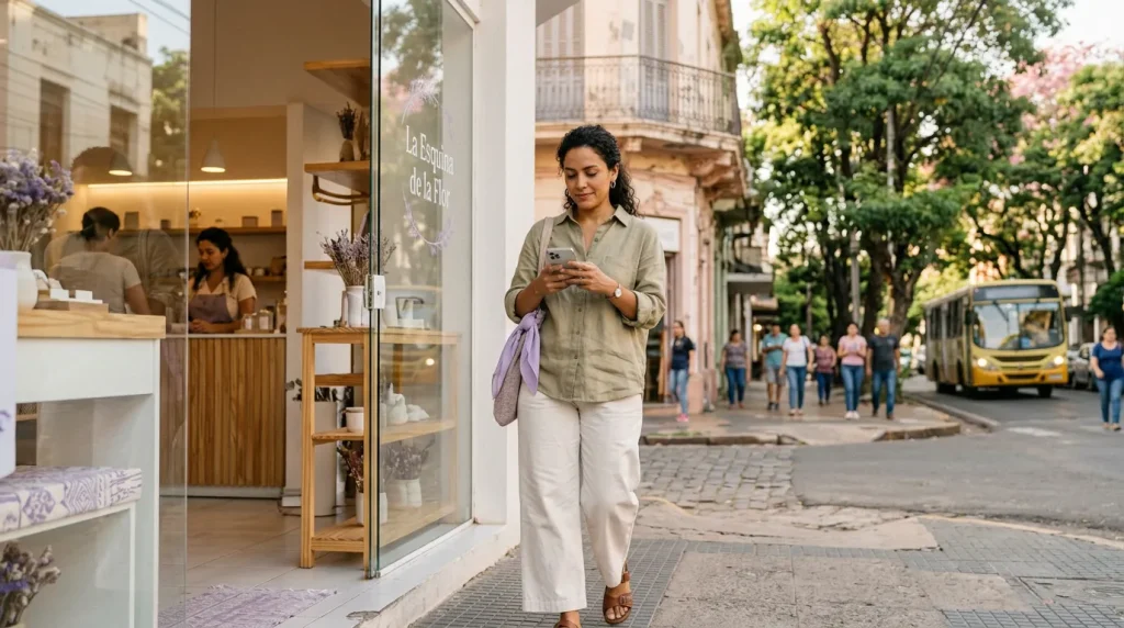 Una mujer camina por una calle comercial mirando un mapa en su celular, frente a la vidriera de un local