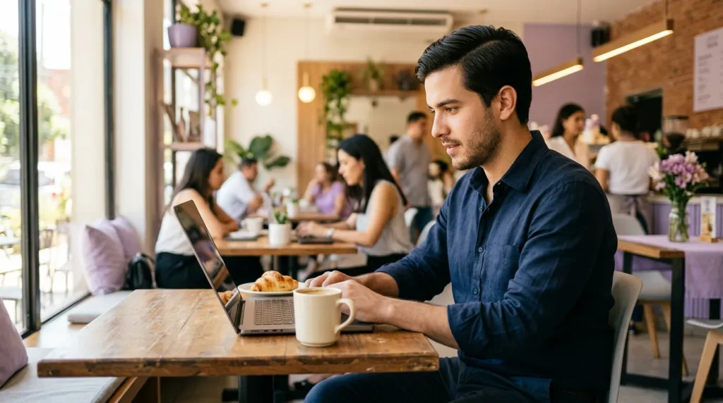 Un joven profesional consulta en su notebook a un asistente de inteligencia artificial, en un café moderno