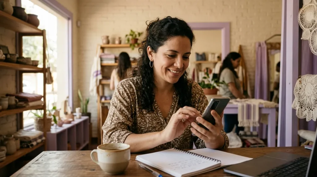 Una dueña de negocio configura el perfil de su empresa en el celular, sentada en el escritorio de su local