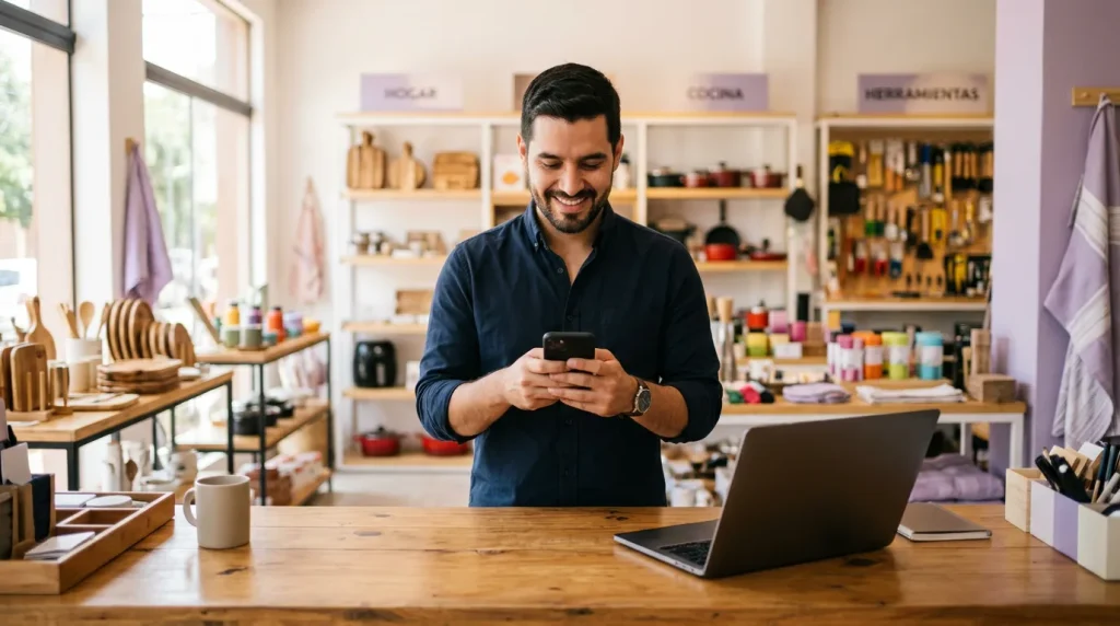 Un dueño de comercio responde consultas de clientes por WhatsApp desde el mostrador de su local