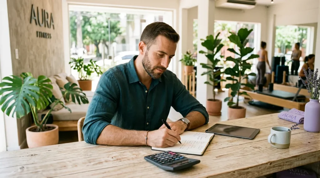 El dueño de un estudio de entrenamiento anota números en una libreta, con una calculadora sobre el mostrador de la recepción