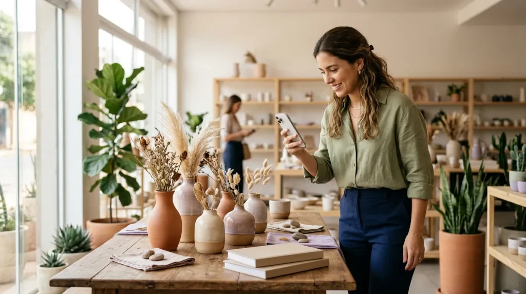 Una emprendedora fotografía sus productos con el celular en su local para publicar en redes