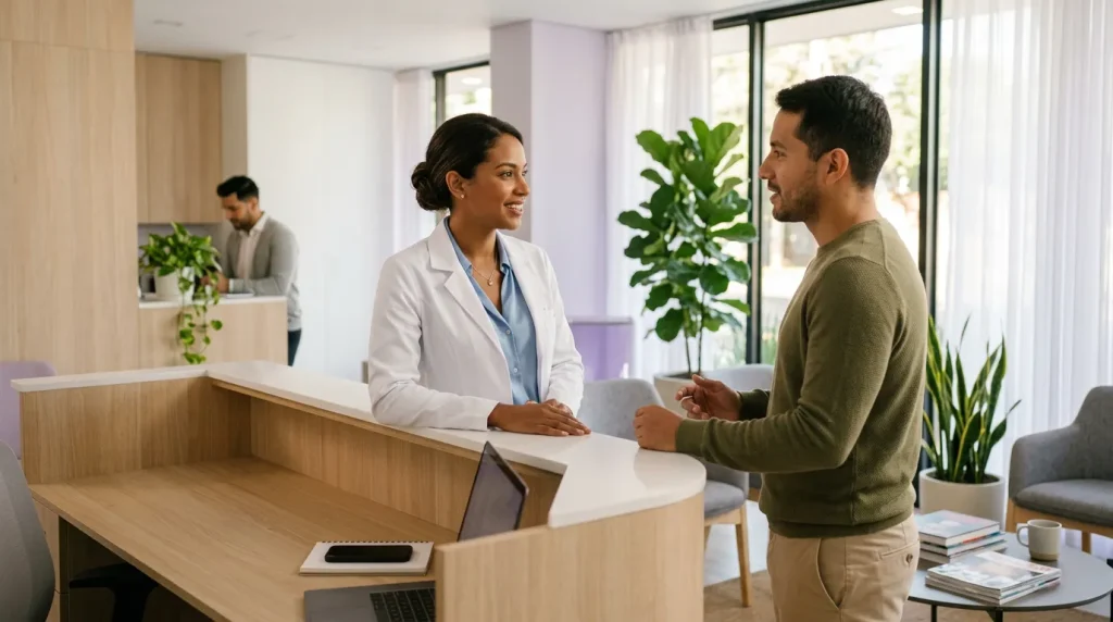 Una odontóloga conversa con un paciente en la recepción luminosa de su consultorio
