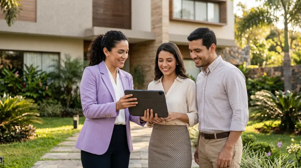 Una agente inmobiliaria muestra una propiedad en su tablet a una pareja joven, frente a una casa moderna