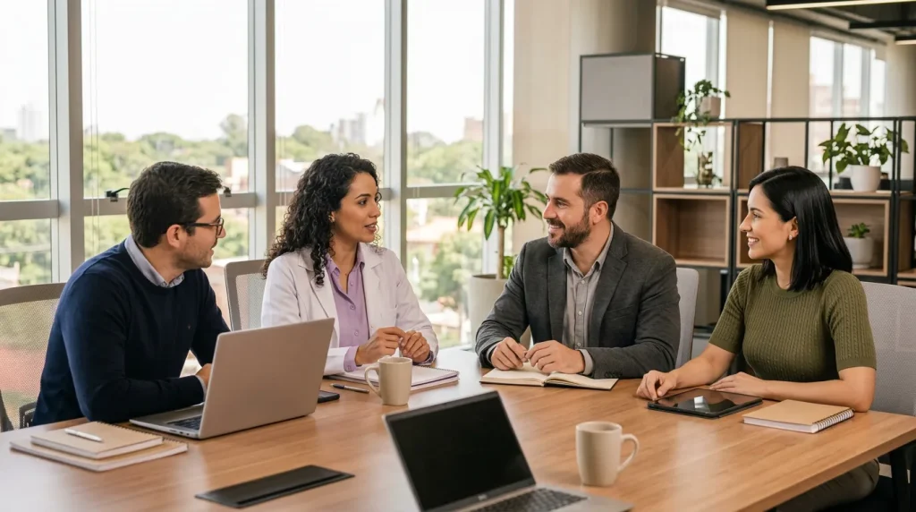 Profesionales de distintos rubros conversan en una reunión de trabajo en una oficina luminosa