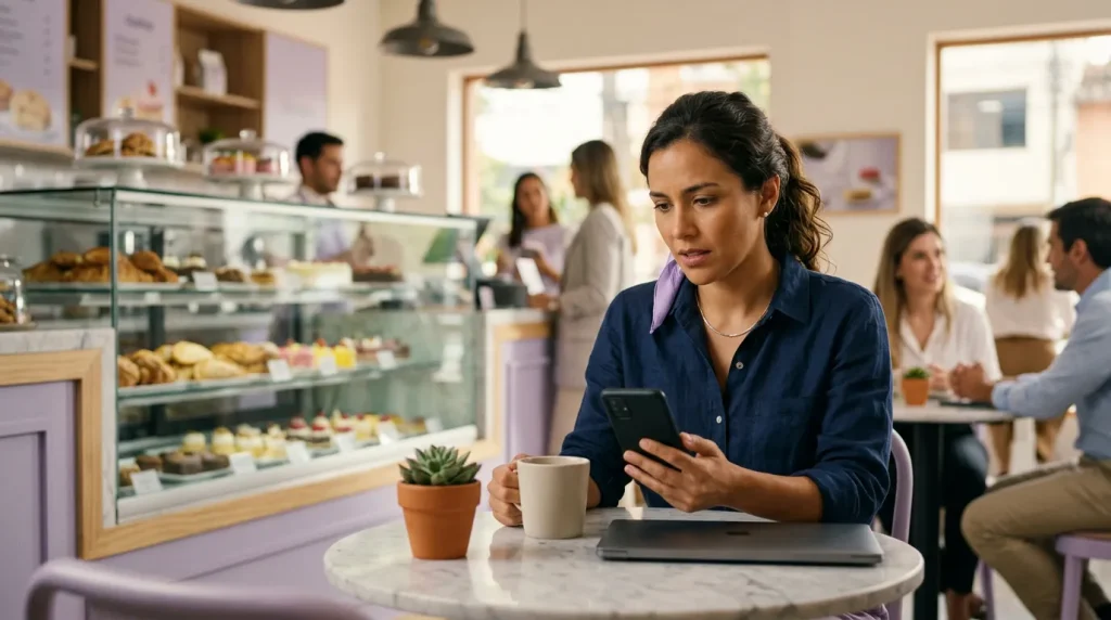 Una dueña de negocio revisa en el celular cómo aparece su cafetería en Google, sentada en una de las mesas del local