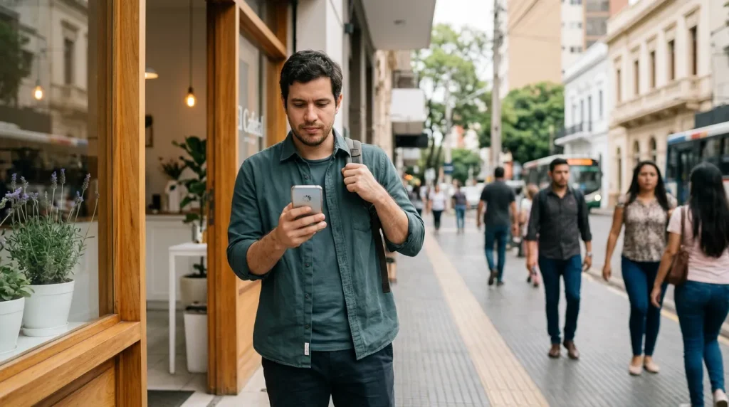 Un hombre mira su celular mientras espera que cargue una página, parado en una vereda del centro de la ciudad